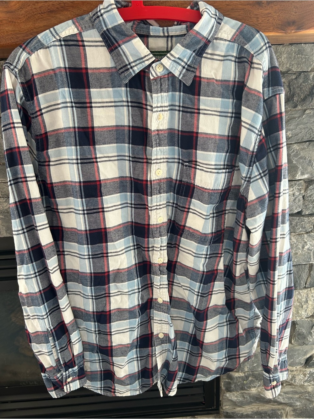 American Eagle Men's Long-Sleeve Plaid Button-Up Shirt - White, Blue & Red